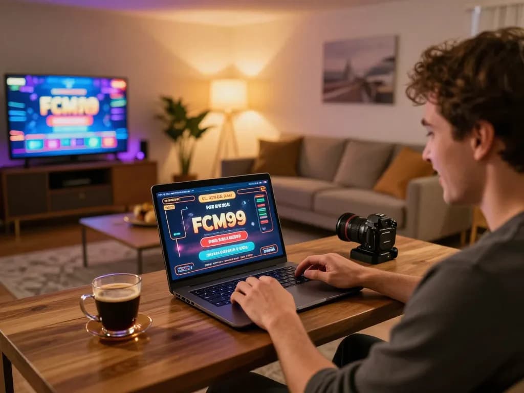 Engaging with FCM99 free credit feature on laptop while enjoying an online gaming session in a cozy home