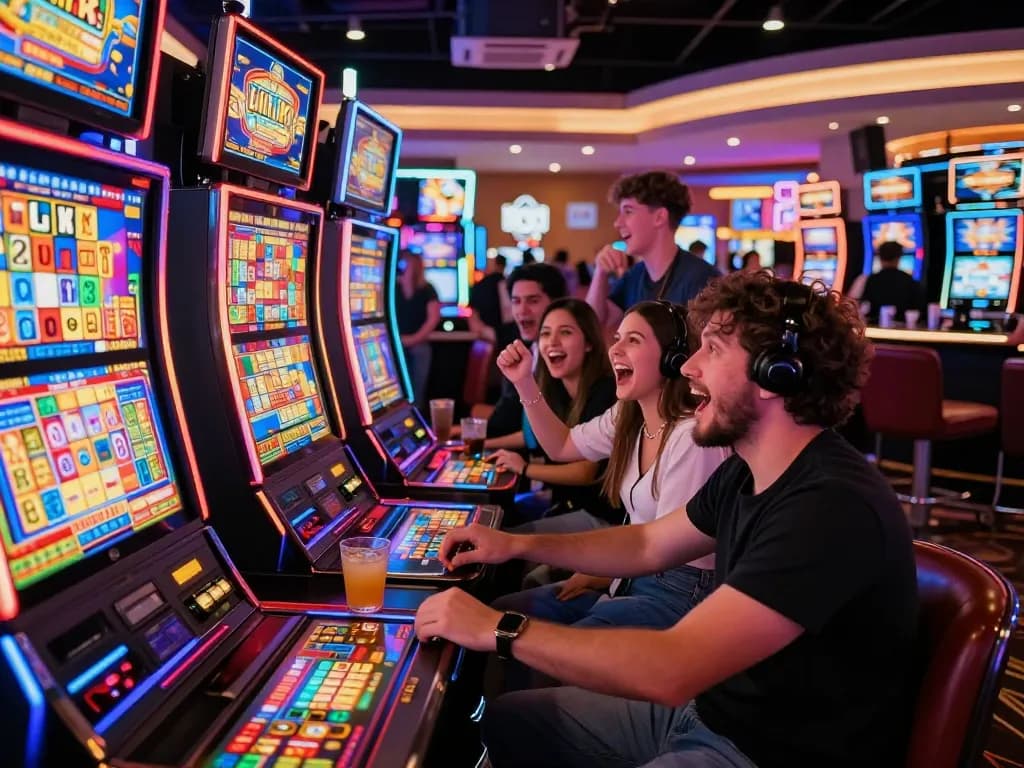 Friends playing exciting link slot machines in a vibrant casino setting