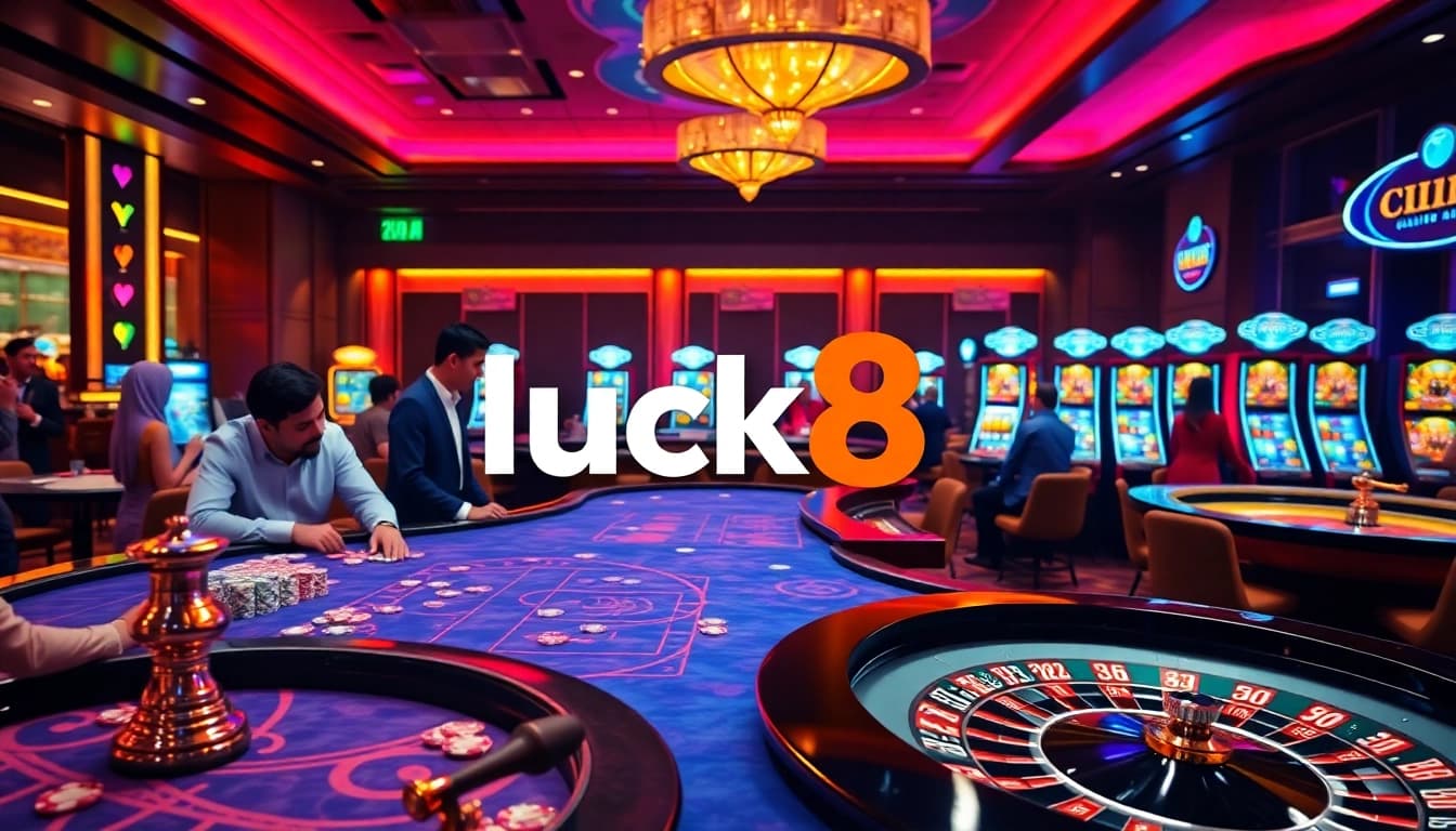 Luck8 players enjoying a vibrant casino atmosphere with engaging tables and slot machines.