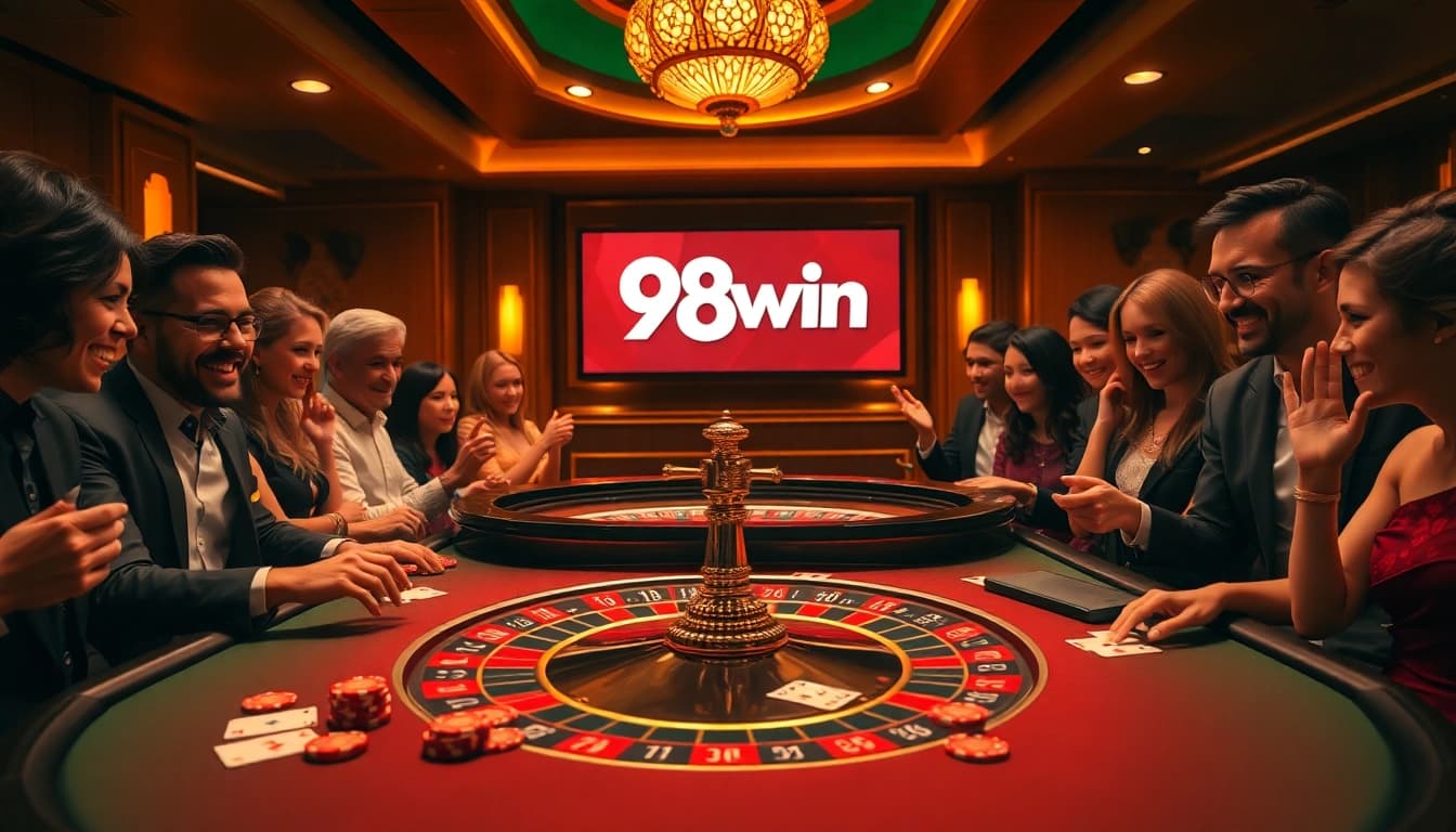 Experience the thrill of 98win with vibrant poker chips and an inviting roulette table.