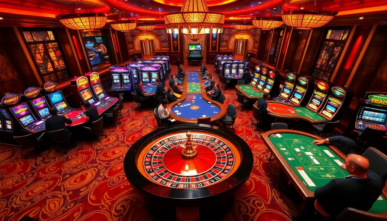 A vibrant casino scene at https://789win.associates/ showcasing roulette and poker tables filled with enthusiastic players.