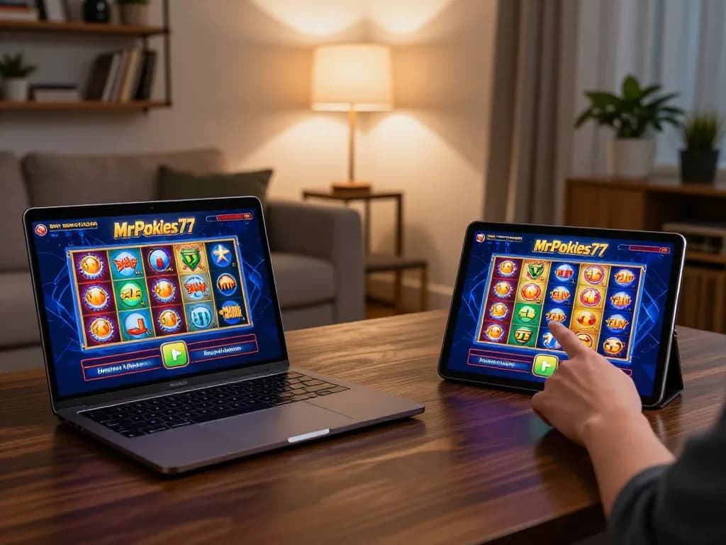Engaging gameplay at MrPokies77 online casino, showcasing slots on tablets in a cozy home setup.