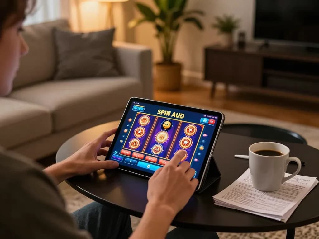 Engaging spin aud gameplay on a tablet in a cozy home setup with strategy notes.