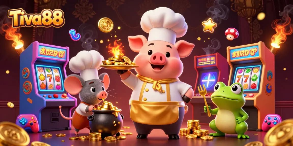 Tiva88 pays out golden coins thrillingly while showcasing arcade games and slots, celebrating wins.