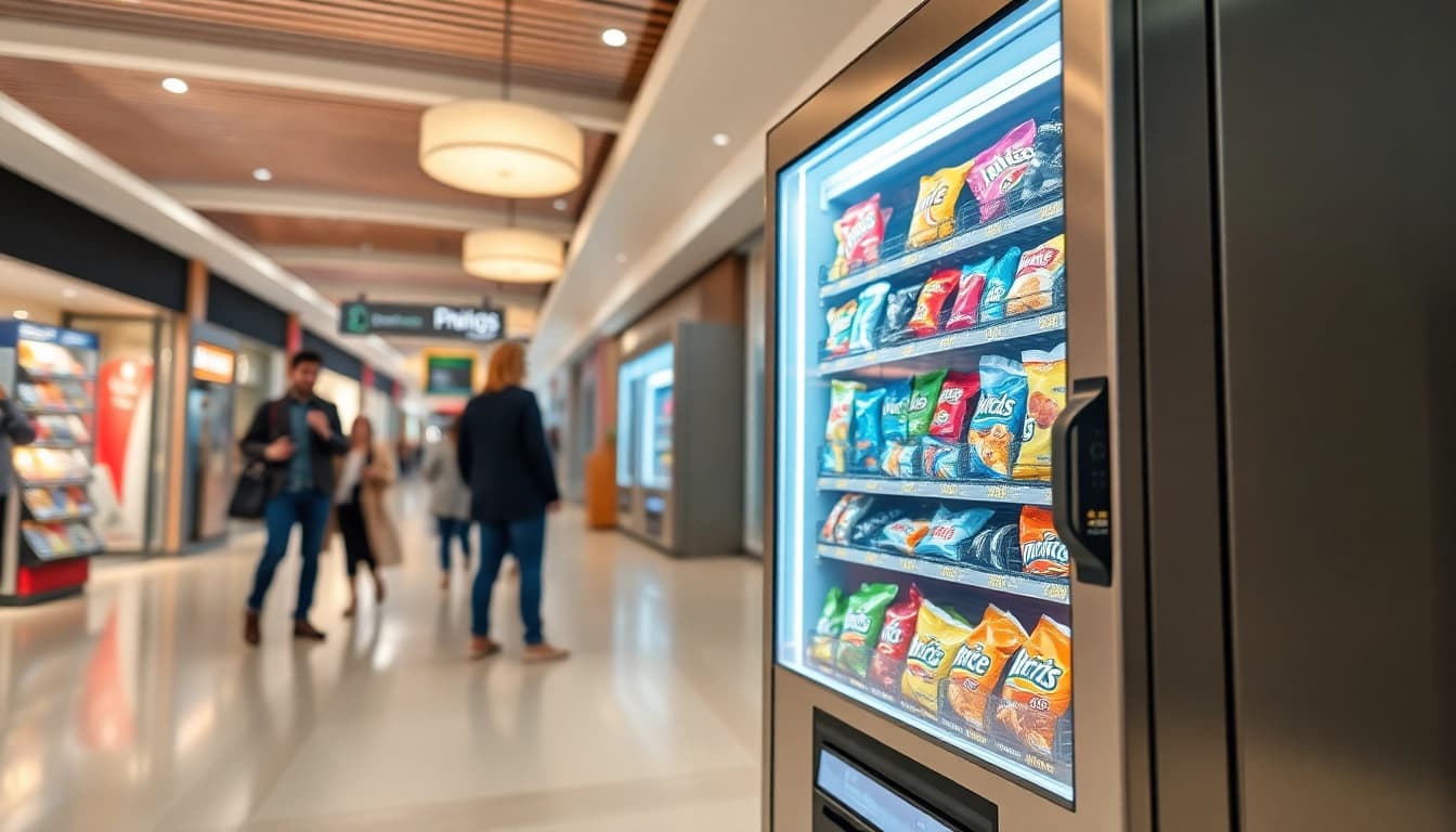 A modern snack machine designed by snack machine manufacturers, showcasing vibrant snacks in a busy mall.