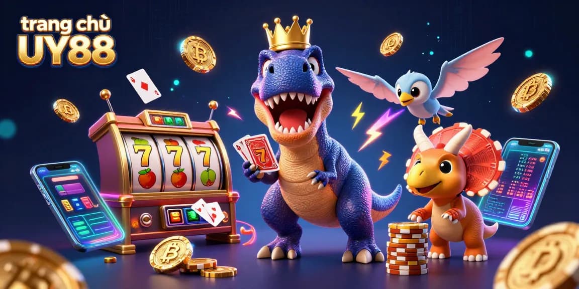 Experience the excitement at trang chủ UY88 with playful dinosaur characters in a vibrant casino scene.