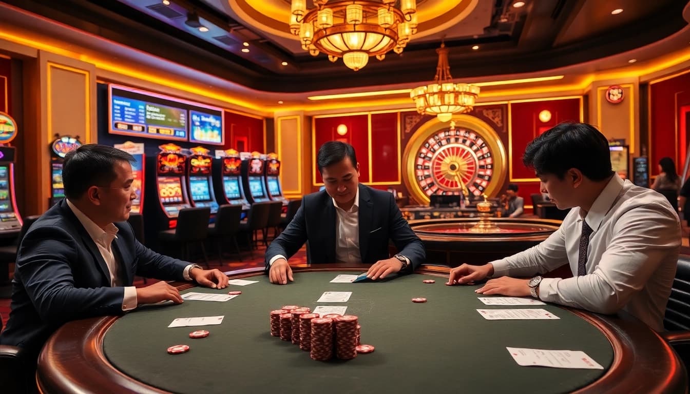 Engage in the thrilling atmosphere of Nhà cái uy tín with poker players at a luxurious casino table.
