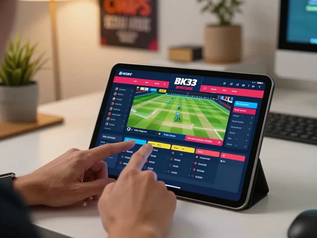 Engaged player using BK33 app for live cricket betting in a cozy home setting