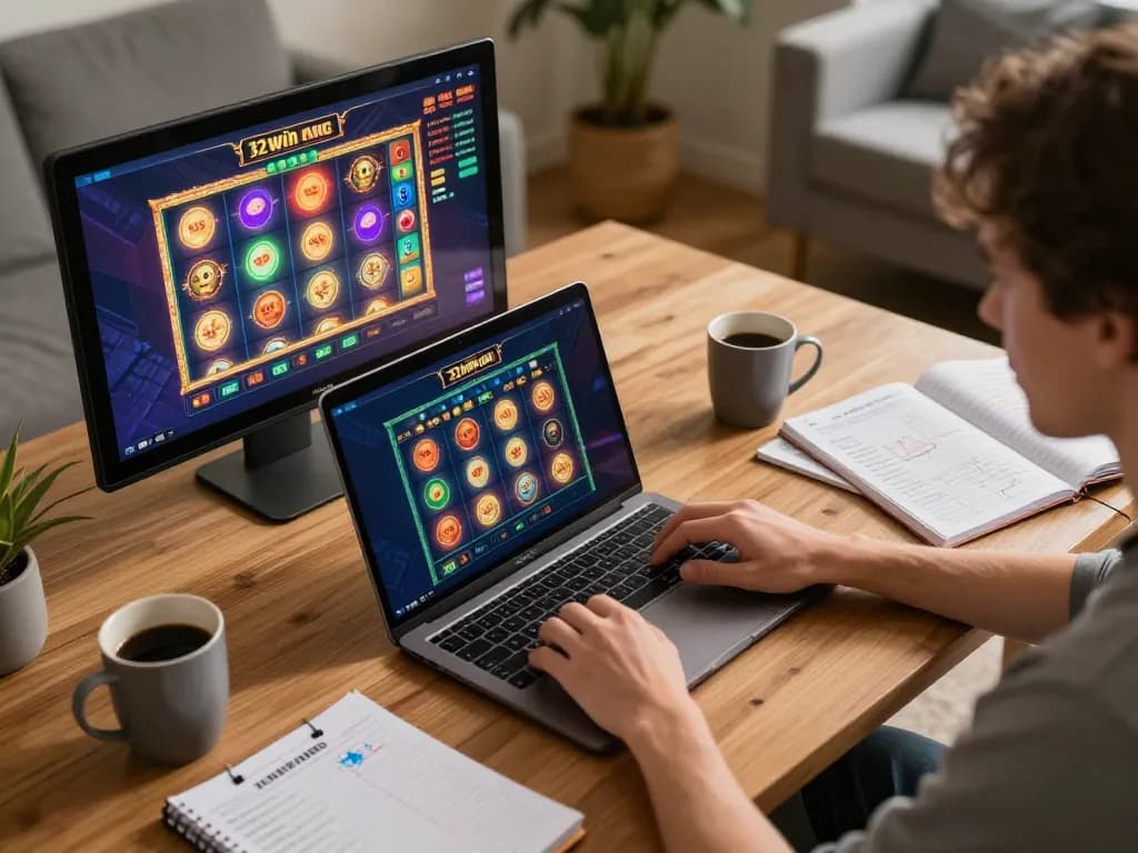 Engaging with the 32win casino app at home, showcasing a strategic gaming setup and vibrant screen.