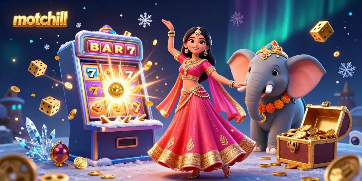 Experience the thrill of gambling with motchill, featuring a vibrant Bollywood dancer, a bejeweled elephant, and dynamic casino elements.