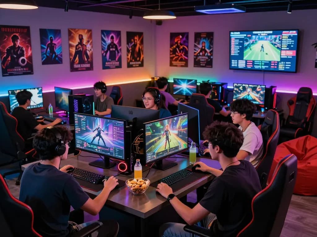Players enjoying autowin88 gaming experience in a vibrant lounge with snacks and LED lights.