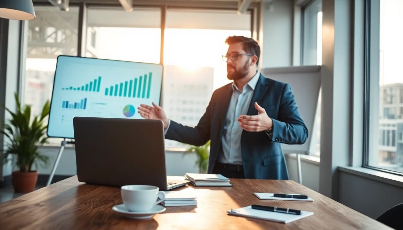 Engaging digital marketing strategist illustrates concepts in a modern office setting.