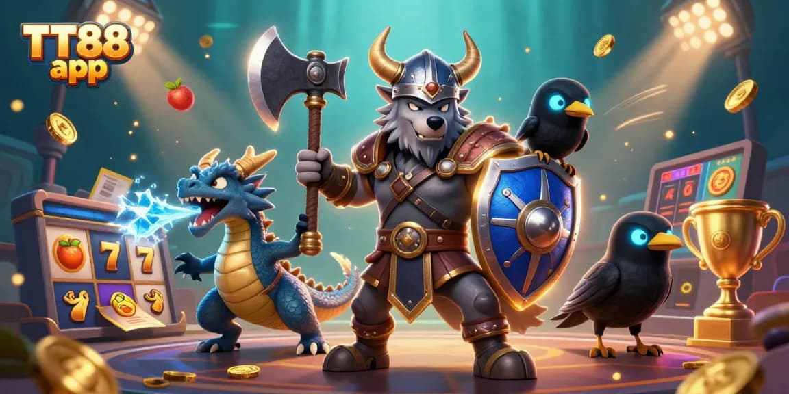 Experience thrilling gameplay with the TT88 app featuring cartoon warriors and slot elements.