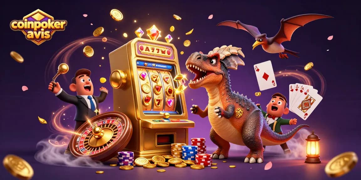 CoinPoker avis : Jouez au casino en remportant des jackpots avec un pachycéphalosaure et des pièces d'or volantes.