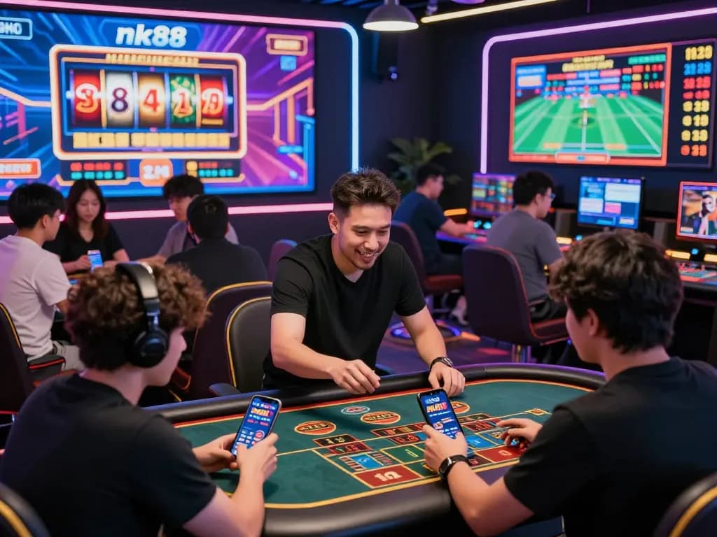 Engaged players using nk88 mobile app for online gaming activities in a vibrant casino scene, showcasing excitement and diverse betting options.