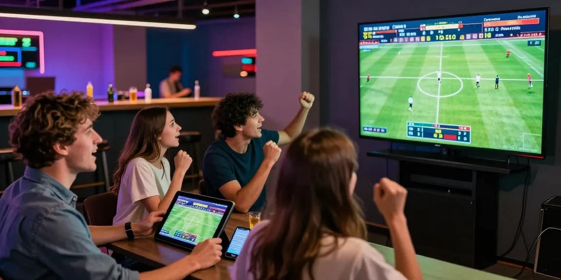 Friends enjoying the thrill of shbet online betting in a vibrant sports lounge atmosphere.