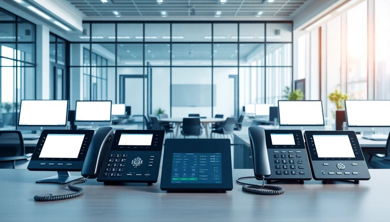 Explore office phone systems in a modern workspace featuring advanced VoIP technology.