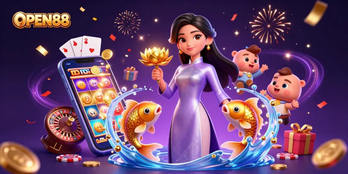 Win big at OPEN88 with an elegant Asian woman highlighting vibrant casino elements.