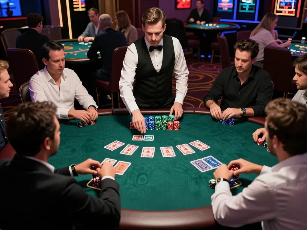 Engaging scene of players strategizing at a blackjack table in upscale casino for ONE88.COM.