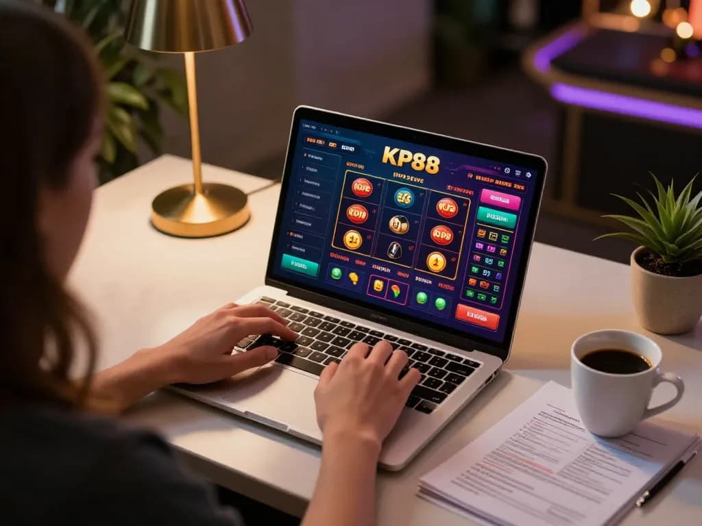 Engaging player using laptop for online gameplay at KP88, showcasing casino options for strategic betting.