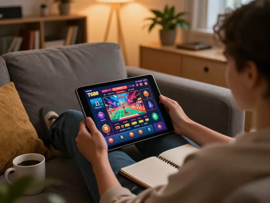 Engaged player using the TG88 app for online gambling in a cozy home environment