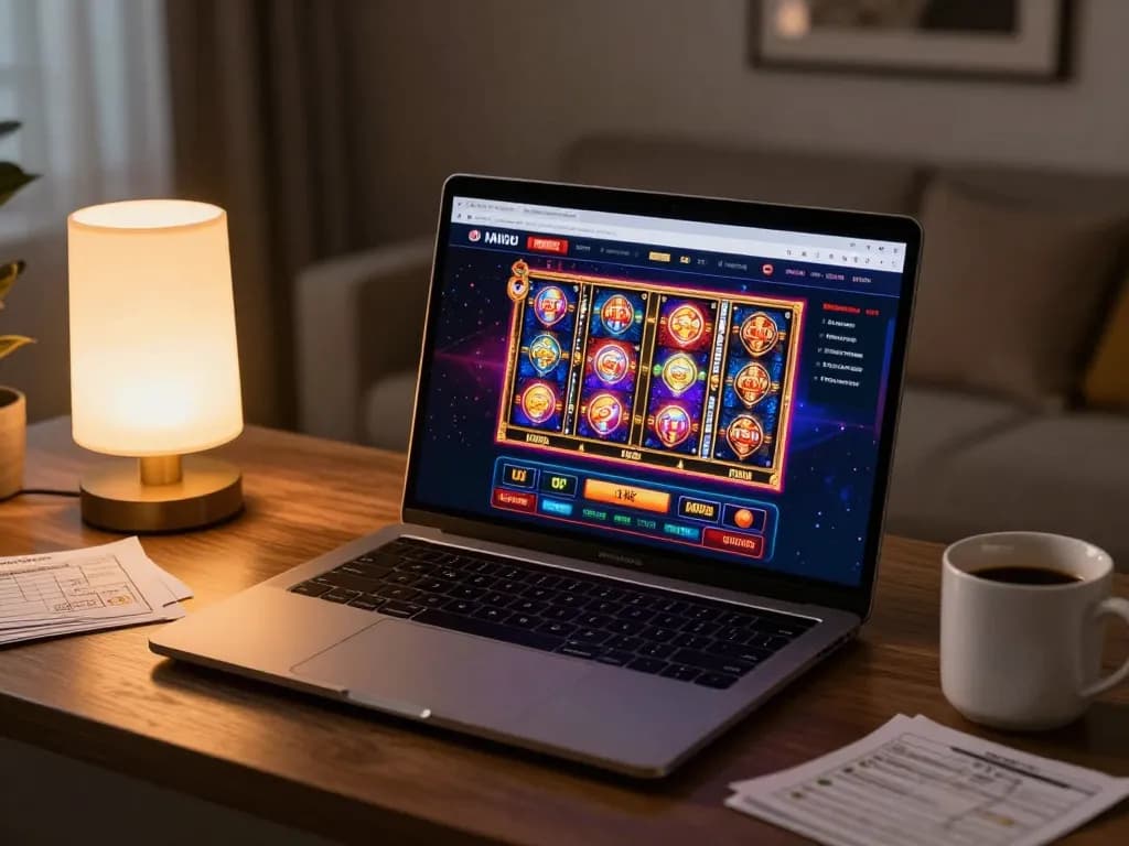 Player engaging with exciting slot games at dn88 online casino on a laptop in a warm home environment.