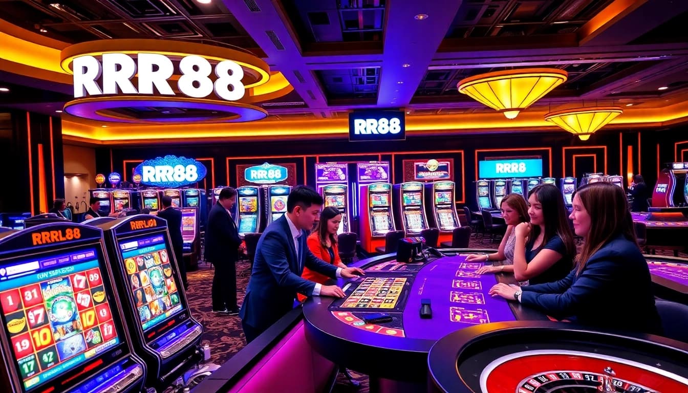 Engaging scene at the RR88 casino with vibrant slot machines and a lively gaming table.