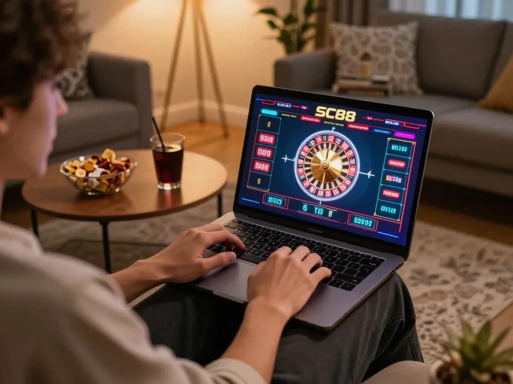 Engaging player at SC88 online casino, enjoying a roulette game on laptop in a cozy setting.