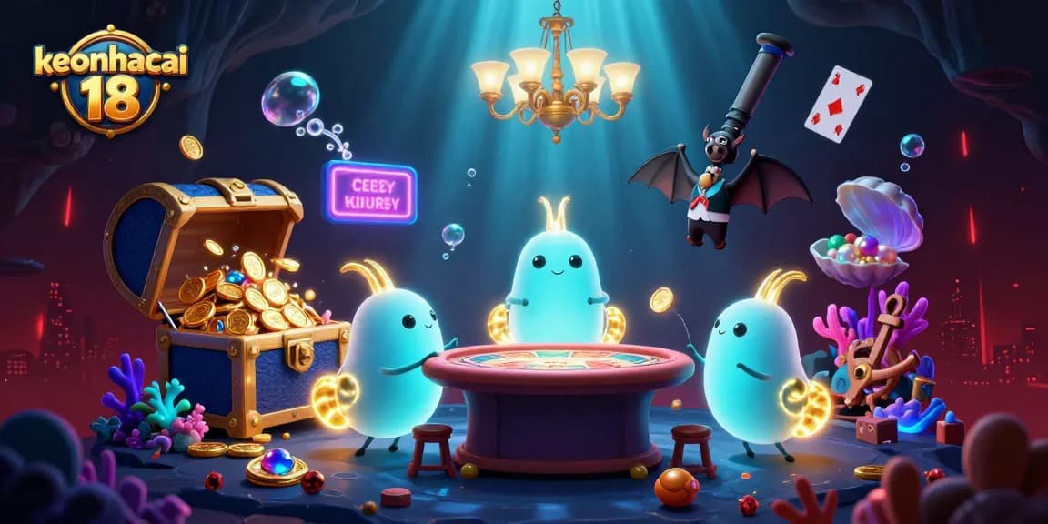 Engage with keonhacai 18 as glowworms illuminate a vibrant casino scene filled with treasures and games.