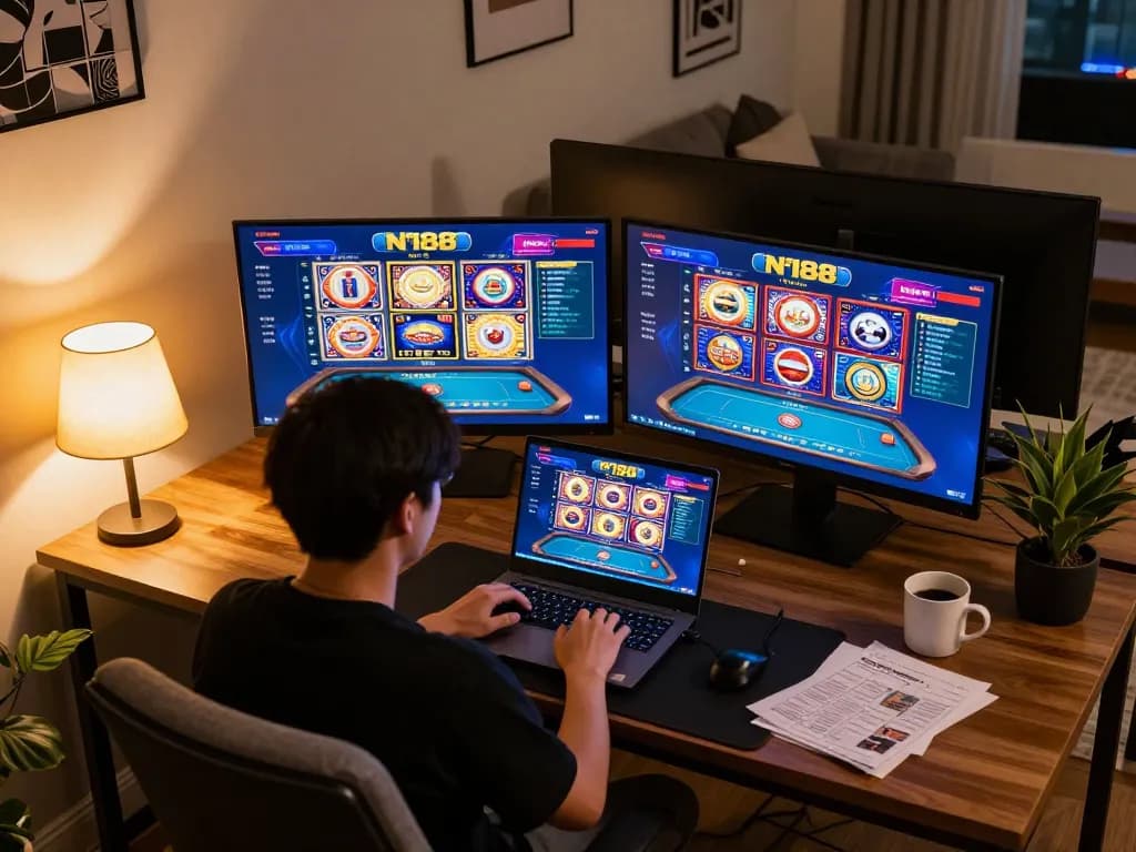 Engaging online gaming experience at https://n188.build/, featuring vibrant casino games on multiple screens and a focused player.