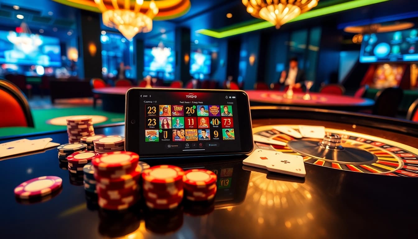 Engaging players at toto919 with mobile gaming experience, chips, cards, and a roulette wheel.