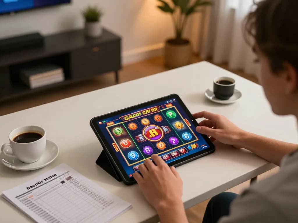 Player enjoying slot gacor games on tablet, showcasing vibrant graphics and engaging gameplay in a cozy home setting.