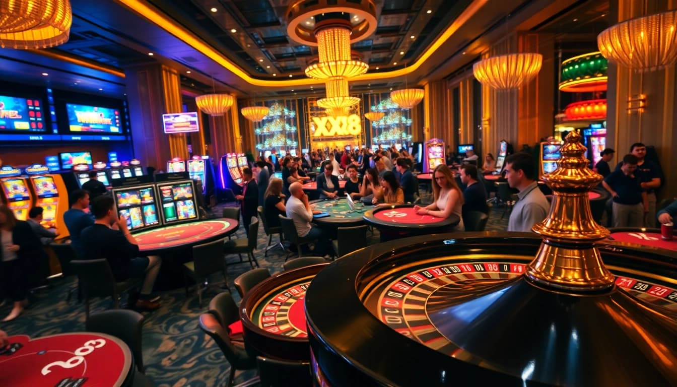 Gamblers enjoying the thrill of table games at XX88, capturing the excitement of casino life.
