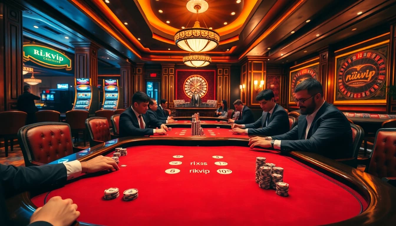 Experience the thrill of gambling with rikvip shots of a luxurious poker table packed with high-stakes players and gleaming chips.
