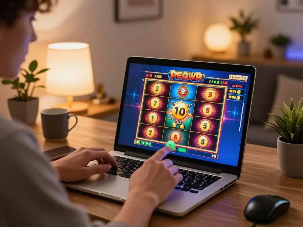 Player engaging in เว็บสล็อต game on laptop with vibrant graphics and cozy atmosphere
