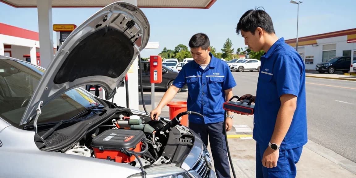 Technician addressing diesel in petrol car issue at a fuel station with tools and customer interaction.