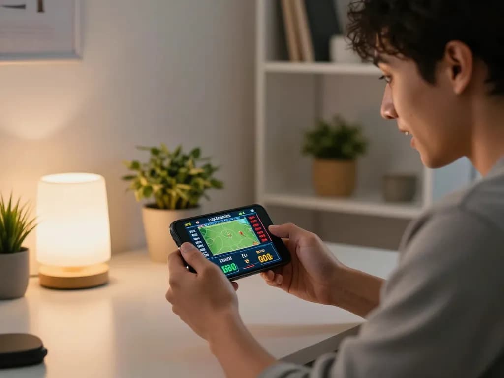 Player strategizing sports bets on audplay168 app in a cozy home office setting.
