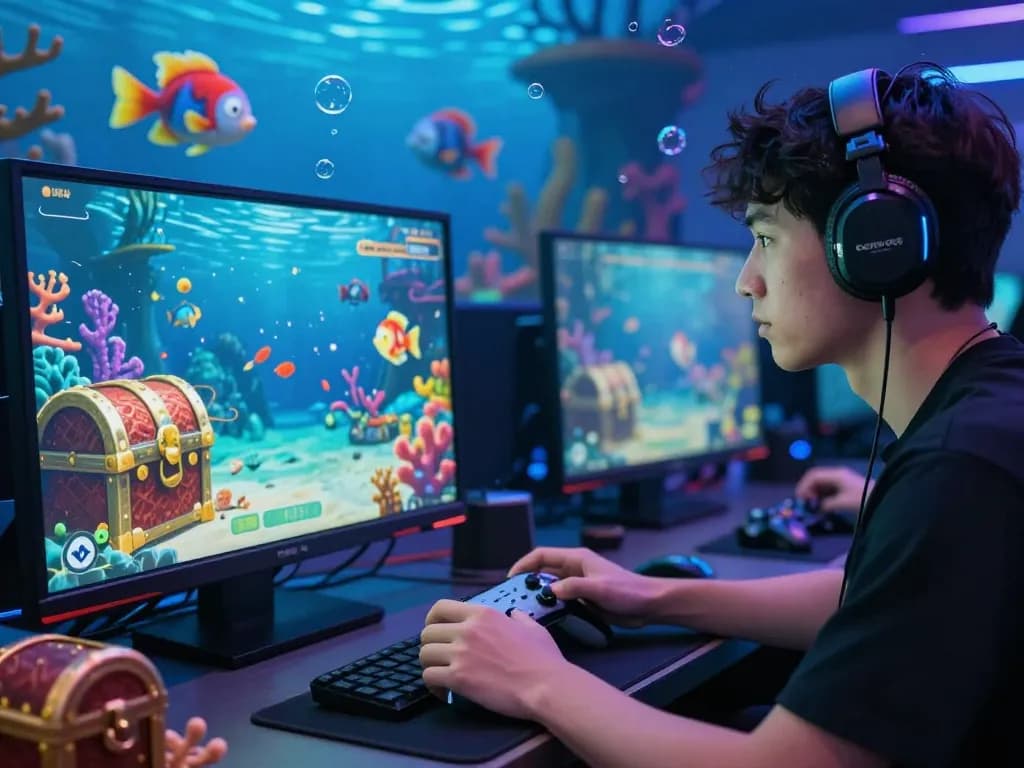 Bắn cá hubet88 gaming scene with colorful fish and ocean treasures, immersive underwater atmosphere.