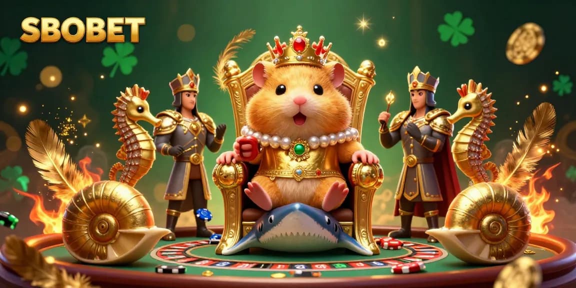 SBOBET's golden hamster king on a shark tooth throne, amid dynamic casino elements and vibrant energy.