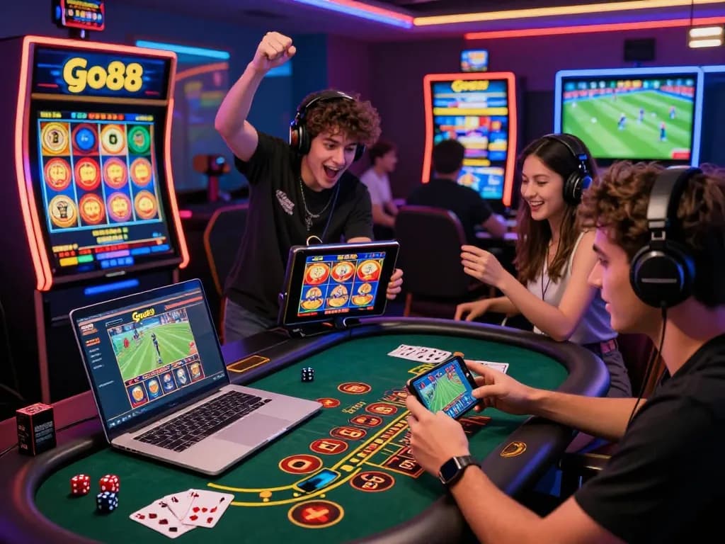 Players enjoying the excitement of Go88 online gambling with live dealer games and vibrant slot machines, showcasing a lively gaming atmosphere.