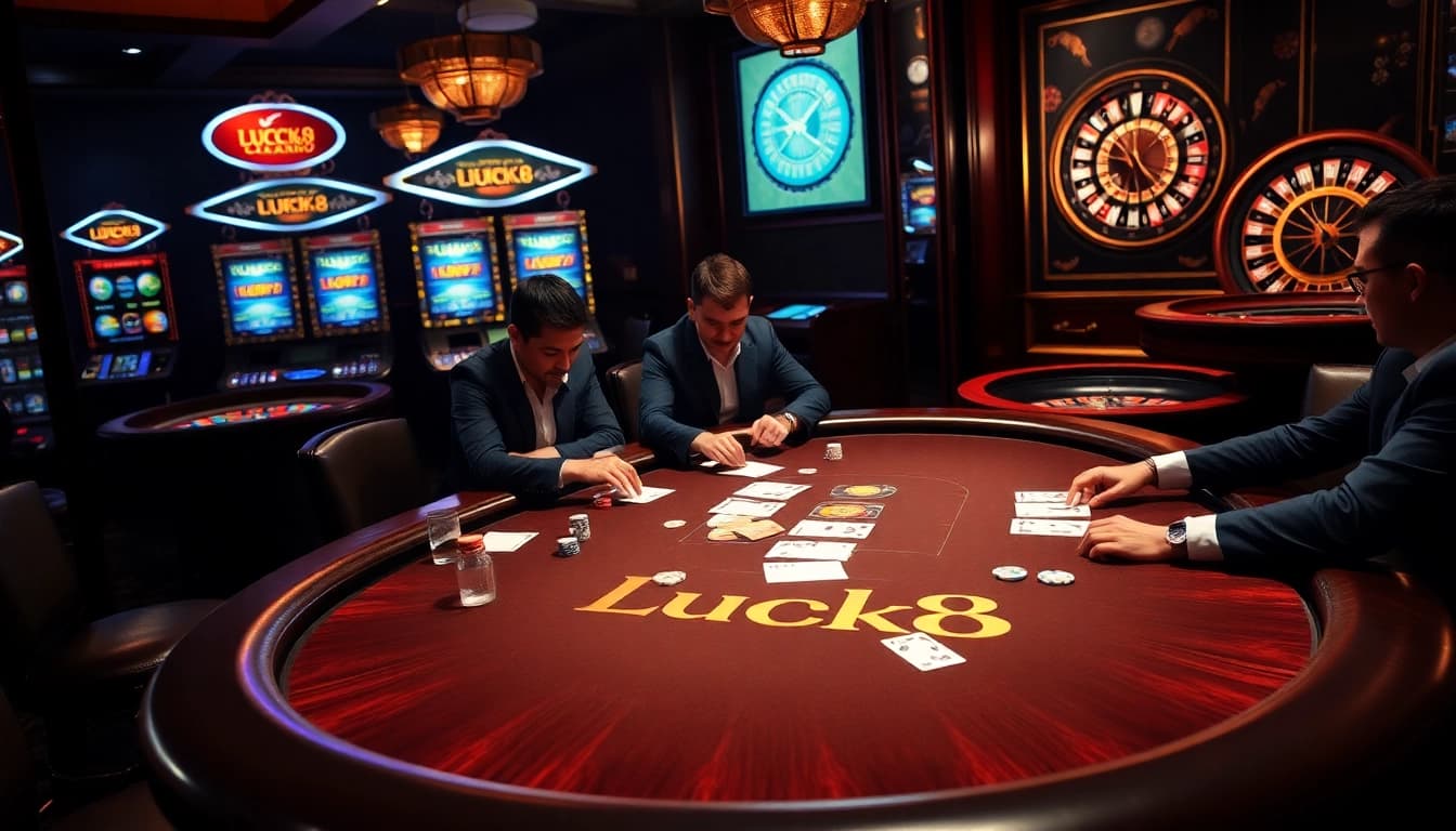 Players enjoying a high-stakes game at the LUCK8 casino table, highlighted by vibrant poker chips and cards.