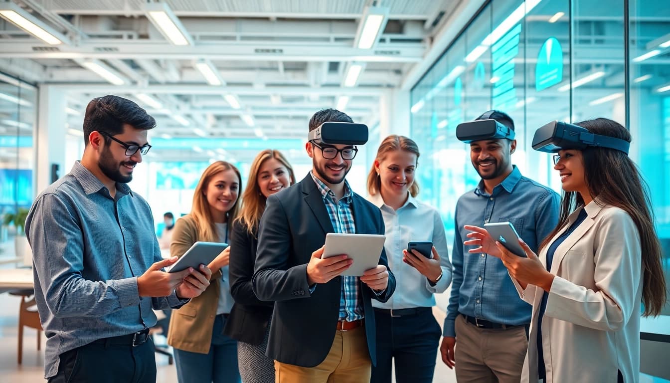 AI Employee teamwork in a modern office setting with interactive technology.