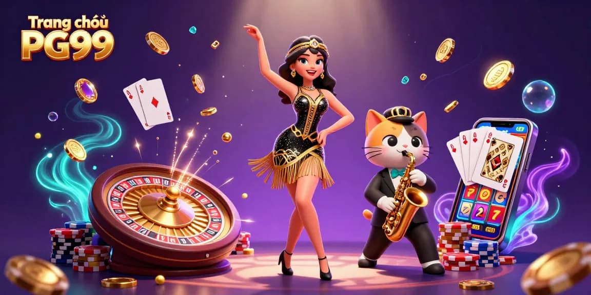 Engage in thrilling gaming at Trang chủ PG99 with vibrant casino characters, golden coins, and dynamic play elements.