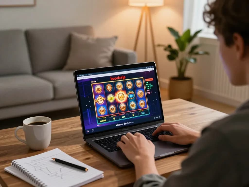 Engaging gameplay on boosterjp with a player enjoying online slots in a cozy home setting.