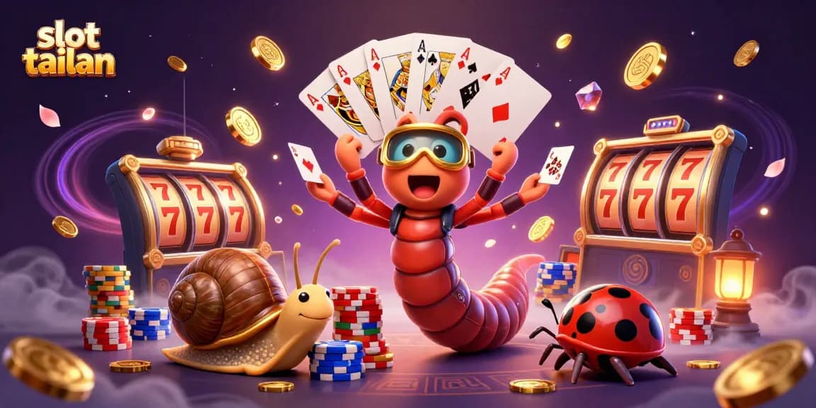 Engage with slot tailan's dynamic 3D illustration featuring cartoon characters among sparkling casino elements and vivid colors.