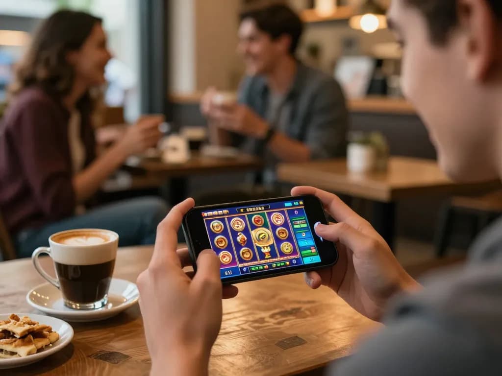 Person enjoying mobile gaming experience at Super 222 casino with engaging slot game interface.