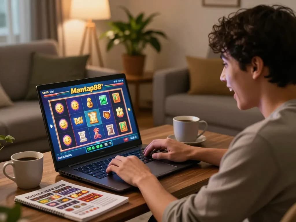 Mantap88 - Best Link Free Credit Casino player enjoying online slots game with vibrant screen and cozy home setup