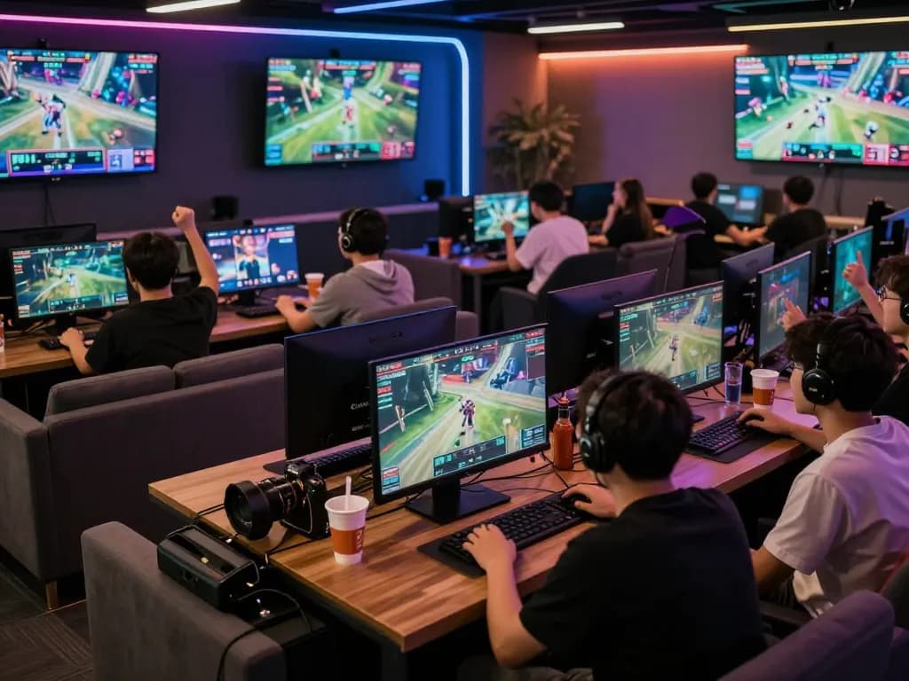 Fans engage in esports betting at OKWIN TV, enjoying a live match experience in a vibrant lounge setting