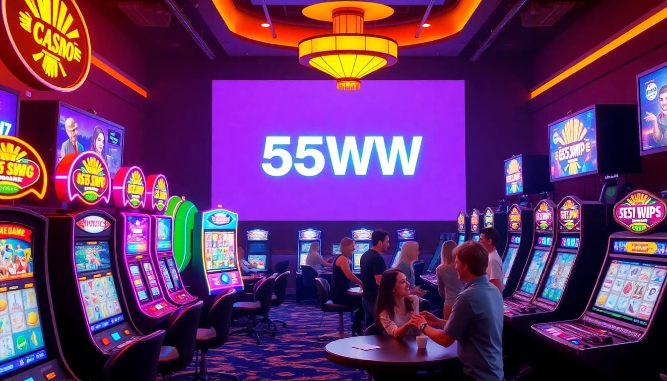 Exciting 55WW online casino scene with vibrant slot machines and players enjoying games.