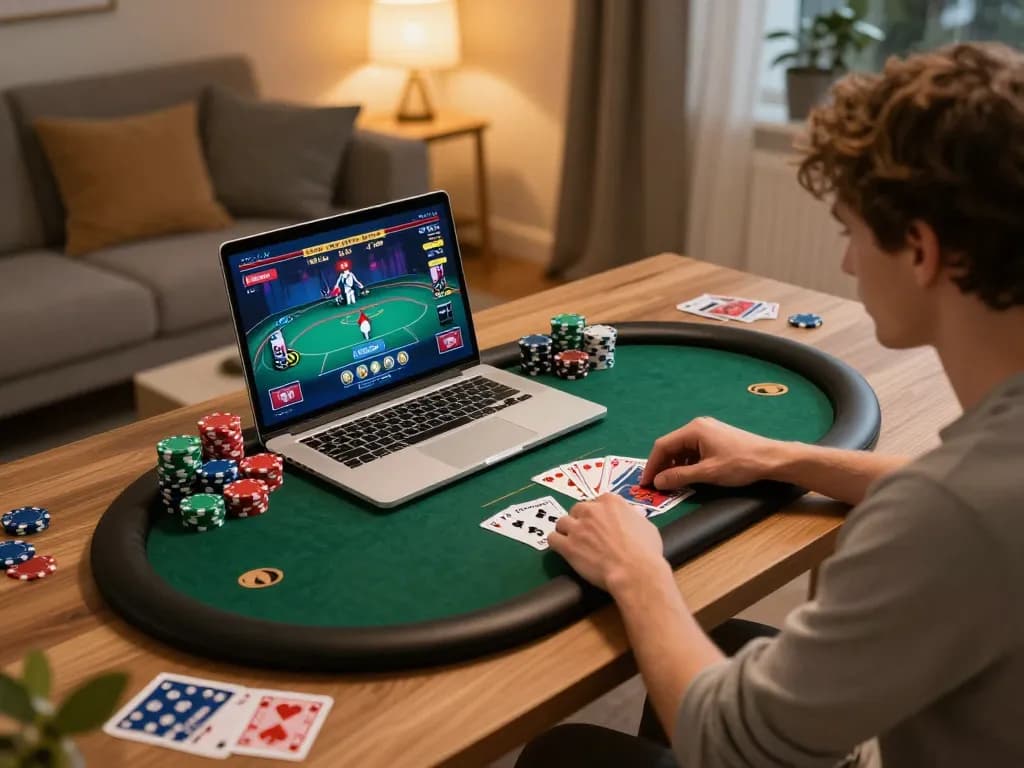Engaged player enjoying an online poker game at home, showcasing Nk88 nhà cái for an immersive experience.